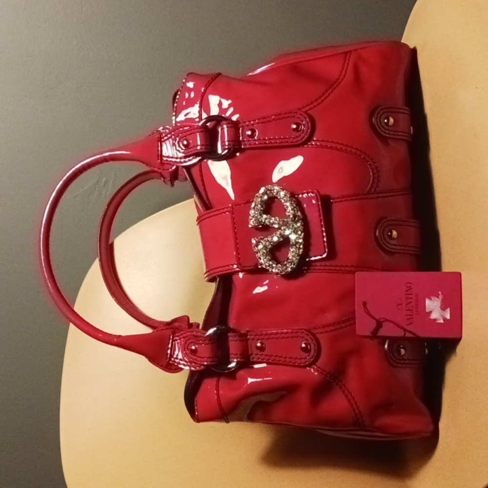 Valentino Garavani Red Patent Leather Crystal Embelished Satchel Bag